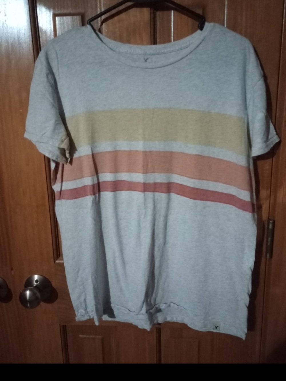 American Eagle Outfitters Grey Short-Sleeve Tee with Mustard and Rust Stripes
